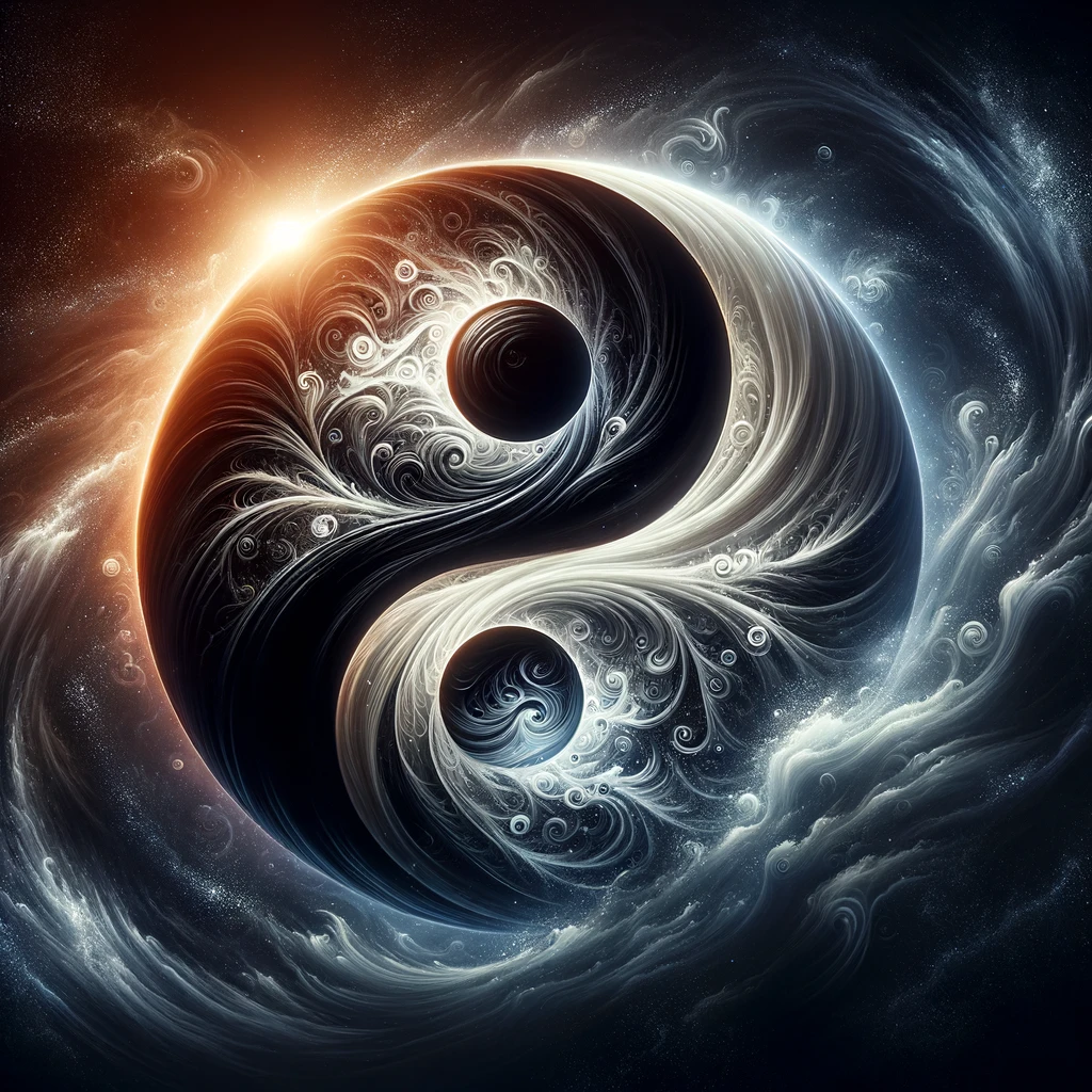 A visually striking image of a swirling yin yang symbol. The symbol is rendered with a dynamic, flowing design that emphasizes its dualistic nature, featuring a magnificent display of contrasts. The background is a deep, cosmic black, enhancing the symbol's presence. Intricate patterns and textures are incorporated into both the yin (black) and yang (white) sections, adding depth and visual interest. Around the symbol, subtle energy patterns emanate, giving the impression of movement and harmony. The overall aesthetic is both mystical and powerful, capturing the essence of balance and interconnectedness in a visually captivating manner.